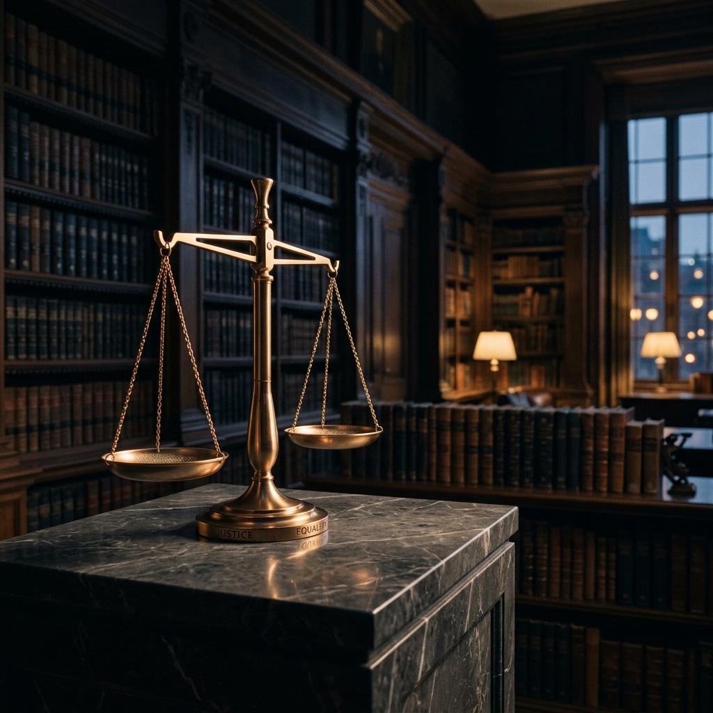 Brass statue of Justice holding scales and sword